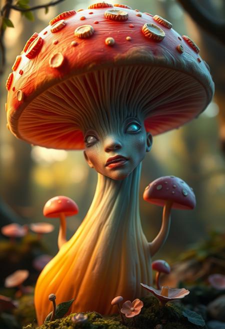 biomorphic humanoid mushroom exuding an elegant and majestic aura, gentle glow, a vibrant gradient color scheme that complements its magical forest surroundings, mushroom elements in its skin, both on the face and body. ZBrush, insanely detailed, realistic, and hyper-realistic, aesthetic and portrait-like quality, capturing the essence of a living masterpiece within the enchanted realm