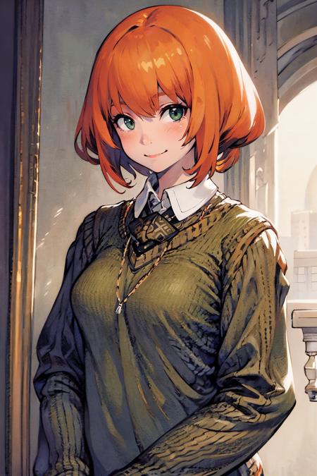 best quality, high detailed, masterpiece, 1girl, green_eyes, orange_hair, bangs, portrait, upper body, sweater, white_collared_shirt, cute, smirk