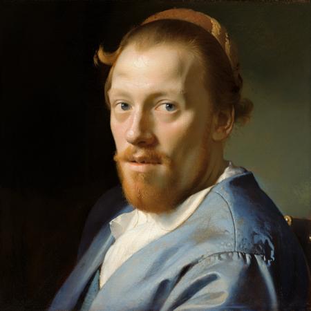 vermeer style, a painting of a man with a ginger beard and shot ginger hair in a light blue suit <lora:vermeer-000007:0.8>