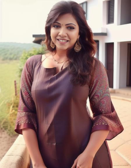 hires photo of 30-year-old (Madonna Sebastian woman:1) , studio quality, natural eyes, high-collar indian dress with dupatta, smiling, outdoors,   <lora:Madonna_Sebastian_SD15_Runpod_LoRA:1>