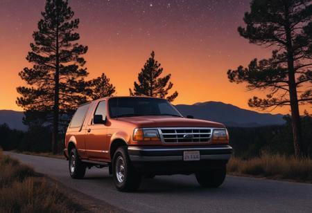 pick up truck, motor vehicle, no humans, tree, sky, outdoors, star \(sky\), road, scenery, night, vehicle focus, sunset, starry sky, orange sky, night sky, star \(symbol\), evening, gradient sky, twilight, nature, pine tree, forest, dusk, bush, mountain, cloud, grass, mountainous horizon, shadow, red sky, plant, (1996 Ford Explorer)