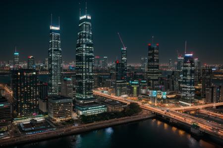 a photorealistic image of a futuristic cityscape, with towering skyscrapers and hovering vehicles. In the foreground, a young, Black engineer inspects a floating drone, her tool belt visible with various gadgets. The city behind her is a complex network of neon lights, reflective surfaces, and advanced structures. The lighting is a mix of the ambient glow from the buildings and the sharper light from the drone. The focus is on the intricate design of the drone and the engineer's interaction with it