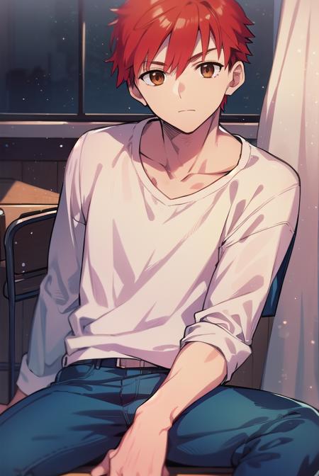 shirouemiya, <lyco:shirouemiya-LYCORIStest:1>, 
shirou emiya, 1boy, (red hair:1.5), spiked hair, (brown eyes:1.5), mature male,
BREAK blue pants, collarbone, pants, shirt, long sleeves, white shirt, raglan sleeves,
BREAK looking at viewer,
BREAK indoors, classroom,
BREAK <lora:GoodHands-vanilla:1>, (masterpiece:1.2), best quality, high resolution, unity 8k wallpaper, (illustration:0.8), (beautiful detailed eyes:1.6), extremely detailed face, perfect lighting, extremely detailed CG, (perfect hands, perfect anatomy),