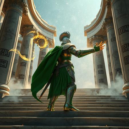 "Dynamic 3D render of a valiant green Valkyrian Knight in ornate armor, standing triumphantly on the ancient marble steps of the Temple of the Mind's Eye. The knight faces right, limbs outstretched in a combat-ready pose, swirling celestial energy emanating from their gauntlets. Head turned sharply left, eyes glowing with determination, intricate armor detailing reflecting golden light. The temple features towering pillars etched with glowing runes, mist swirling at the base, and a starry cosmos visible through shattered rooftop arches. Dramatic low-angle shot with shallow depth of field, unreal Engine 5 realism, octane render textures, and Raphael-style chiaroscuro lighting. Splash ink effects blend with holographic particles, creating a fusion of traditional and cyberpunk aesthetics. 8K resolution, hyper-detailed facial expression, ArtStation trending, golden ratio composition, vibrant emerald and gold palette with chromatic accents."