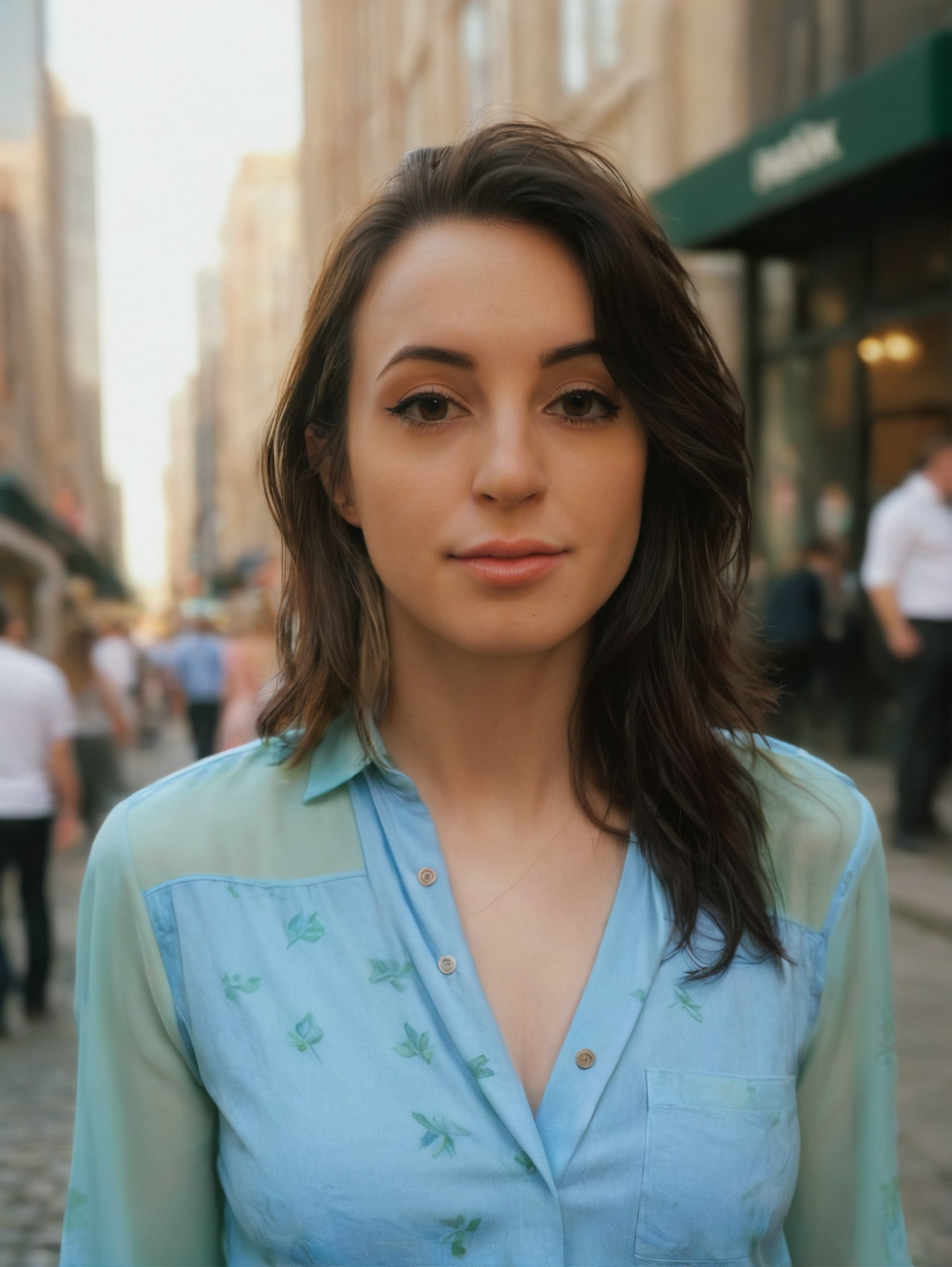 a beautiful picture of gibiAsmrXL, <lora:gibiAsmrXL:1> detailed skin texture,masterpiece, photorealistic, woman, 4k, backlighting, light, RAW color photo,(fully in frame:1.1), (blush:0.5), (goosebumps:0.5),brunette, detailed face,wearing a blue blouse,city streets