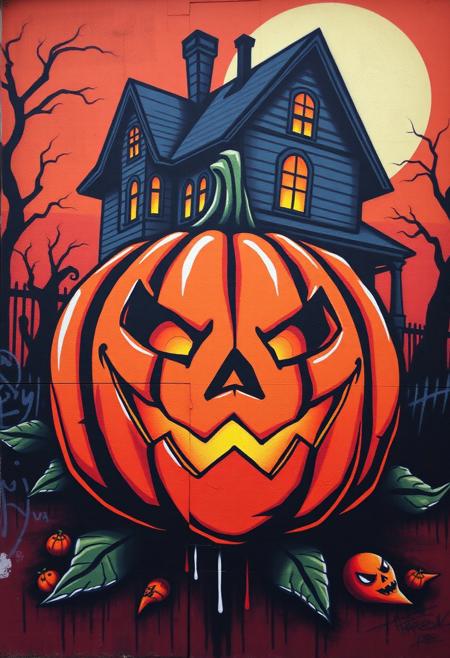 Graffiti art of a jack o lantern with a haunted house in the background, street art, mural, halloween, highres, good quality