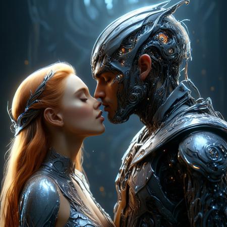 brutal biomechanical cyborg man kissing a beautiful elven queen, magical, sci-fi, beautiful, unimaginable, 
very dramatic, naturalistic, photorealistic, highly detailed digital art, science vs fantasy, 
accurate intricate and realistic anatomy, 
soft lighting, Cinematic, Color Grading, Editorial Photography, volumetric lighting, atmospheric, Photography,