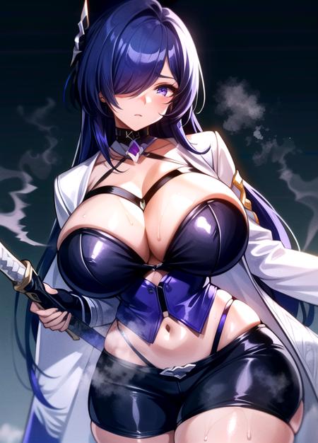 (best quality:1.0), highres, beautiful, 1girl, (big breasts, curvy breasts:1.2), best quality, beautiful detailed eyes, ((ultra-detailed)), (masterpiece:1.0), symmetrical eyes, symmetrical face, perfect skin, (absurdres:1.2), mature female, steaming body, sweaty body,  shiny skin, soft lighting, narrow waist, wet body, thick thighs, hourglass figure, photography, 8k, perfect lighting, cameltoe, thick thighs, intricate detail, skin tight, ((wet and sweaty body)), ((steaming body)), blush, lipstick, long fingernails, makeup, shiny, shiny skin, solo, curvy, long hair,  <lora:Acheron4:0.8>, purple hair, hair over one eye, purple eyes, ((white jacket, purple patterns)), shorts, (white streaks), (sheathed sword on back),  <lora:add_detail:0.6>