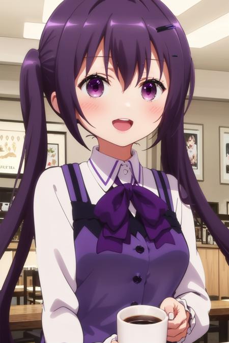 ((((ultra illustrated style:1.0)))),best quality,best animated,masterpiece,,ray tracing, global illumination,1girl, solo,upper body, looking at viewer,cafe, twintails,open mouth,rabbit house uniform,smile, collared shirt, shirt, white shirt, purple vest, purple bow, bow, vest, hair ornament, hairclip, long sleeves, purple bowtie, bowtie, wing collar, buttons, Holding a cup of coffee in hand, <lora:Tedeza Rize_01:0.9>