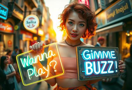 A captivating and lively portrait of a stunning Japanese woman with porcelain-white skin, mesmerizing light green eyes, and short, curly red hair that frames her face with playful volume. She’s holding two glowing neon signs—one vibrant and bold with the playful words “Wanna Play?” and another slightly weathered and edgy with the phrase “Gimme BUZZ!” in a gritty, electric font. Her outfit is chic and modern: a snug crop top paired with a vibrant skirt that complements her confident yet approachable demeanor.
The scene unfolds on Istanbul’s iconic İstiklal Street at sunset, with warm golden hues illuminating the bustling street lined with colorful shops and dynamic crowds. The background is artistically blurred, drawing focus to her figure and the vibrant signs. Hyper-detailed textures highlight the soft curls of her hair, the worn texture of the second sign, and the glowing brilliance of both messages. The shot captures a cinematic, eye-catching essence using a Hasselblad camera and a 12mm fisheye lens, emphasizing her bold, playful, and captivating energy.