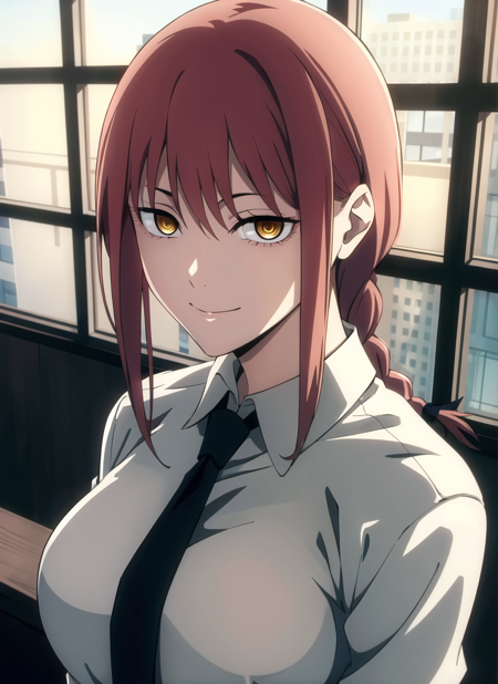 csm anime style,  makima \(chainsaw man\), 1girl, solo, necktie, smile, braid, looking at viewer, shirt, black necktie, ringed eyes, collared shirt, braided ponytail, white shirt, red hair, breasts, upper body, medium breasts, bangs, window, formal, yellow eyes, sidelocks, light smile, office lady, medium hair, business suit, suit,  ((masterpiece))    <lora:csm_anime_style_offset:1> <lora:makima_offset:0.6>