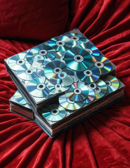 A book made of cd's , lying on a red velvet pillow <lora:CDs_SDXL:1>