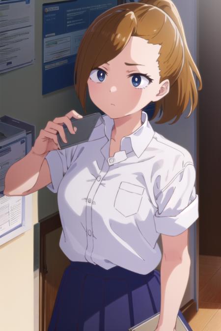 serinayoshida, <lora:serina yoshida s1-lora-nochekaiser:1>,
serina yoshida, brown hair, ponytail, (black eyes:1.5),
BREAK skirt, shirt, school uniform, white shirt, short sleeves, pleated skirt, collared shirt, blue skirt,
BREAK indoors, classroom,
BREAK looking at viewer, (cowboy shot:1.5),
BREAK <lyco:GoodHands-beta2:1>, (masterpiece:1.2), best quality, high resolution, unity 8k wallpaper, (illustration:0.8), (beautiful detailed eyes:1.6), extremely detailed face, perfect lighting, extremely detailed CG, (perfect hands, perfect anatomy),