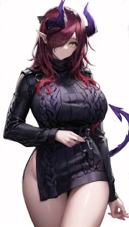 ascalon-hairstyle,horns,red hair,yellow eyes,hair over one eye,
(virgin killer sweater:1.28),demon tail,
lady,mature female,
cowboy shot, 
(white background, simple background:1.08),
highres,official art,original,masterpiece,best quality,
(huge breasts),
 <lora:ascalon4 2head:0.7>