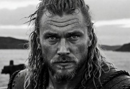 cinematic, ((black and white, monochrome, greyscale)), 1945, portrait, of a highly detailed, dirty, exhausted, Norwegian viking, long messy hair, square face, beautiful eyes, wary, masculine, fit, rough, standing, on the deck of a dark, dimly lit, longship, at night. He comes from the land of the ice and snow, from the midnight sun where the hot springs flow. The hammer of the gods will drive our ships to new lands, to fight the horde. Sing and cry
Valhalla, I am coming! noise, noisy, detailed, high quality, cinematic lighting, contrast, heavy dynamic shadows, atmospheric,