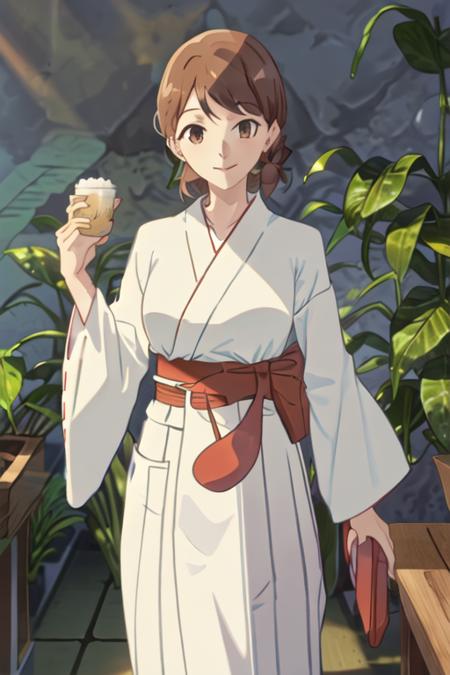 best quality, masterpiece, highres, solo, {white kimono:1.35}, {red hakama:1.35}, {wide sleeves:1.20}, {hagozaki_riko_yagatekimininaru:1.15}, brown_hair, brown_eyes, short_hair, smile