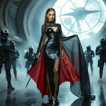 slender arrogant cold femme fatal russian princess  wearing  fitted  black glossy leather  high slit gown with red lining,  (lace top stockings with suspenders), small size opulent glossy high heels,  ultrathin black  transparent slime cloak, jewels, holding elegant small sword in right hand, posing  standing,  evil grin, green eyes, lipstick, giant portal to outer space, fog from the floor, empire spaceship hangar, surrounded by halo odst troopers, TIE spaceships  at the background, fashion look, hollywood, vogue makeup, porcelain skin, long haired, ultrathin waisym reminiscent of Lucas,  Spielberg styles, with close-up glamour photography and dramatic lighting