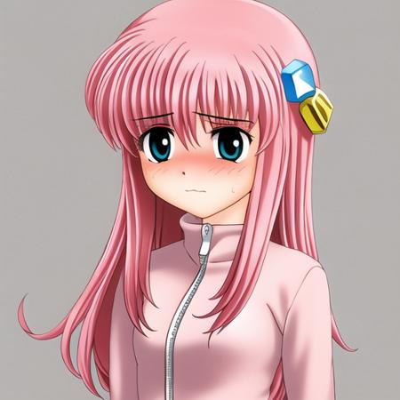 1girl, portrait, pink hair, long hair, embarrassed, blush, pink track jacket,
<lora:Ryukishi07HigurashiStyle-000016:1>, simple background,
<lora:hitoriGotohBocchiThe_v1:0.6>, cube hair ornament