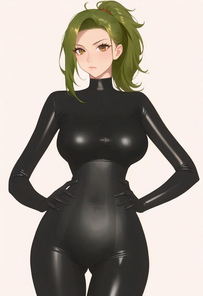 Masterpiece, High quality, anime, single, solo, 1girl, Oc, adult, tall, Agent spy woman, 1girl, tall, green ponytail hair, Black skintight latex bodysuit, full Black skintight latex gloves, brown eyes, green ponytail hair, Black Latex skintight bodysuit, all black shiny latex suit, long zipper on center of suit, shiny Black latex skintight elbow gloves, shiny Black latex skintight thigh boots, gadget belt on waist, serious face expression, hands on hip, White background