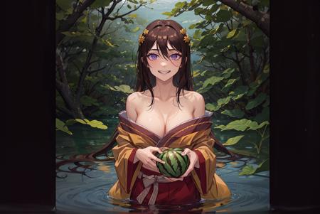 masterpiece, highest quality, cowboy shot, best quality, 1girl, solo, looking at viewer, ((head over water)), ((body under water)), Head focus, (holding watermelon:1.1), 
hyuuga hanabi, brown hair, hair between eyes, long hair, purple eyes, bare shoulders, yellow kimono, large breasts, <lora:my_HyuugaHanabi_v1:0.5> lake, water, (green  colored water:1.1), (swamp:1.2),
lozhkin, (grin:1.1), accurate teeth with gaps, open mouth,  <lora:lozhkin_V1:0.3>