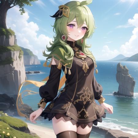 ((masterpiece)),(best quality),official art,extremely detailed CG,unity 8k wallpaper,ultra detailed,A lighthouse on a cliff by the sea,1girl,solo,cowboy shot,looking at viewer,green_hair,green_capelet,jewelry,puffy_long_sleeves,single_earring,toeless_footwear,hair_ornament,purple_eyes,brown_thighhighs,bangs,blush,smile,crossed_bangs,ahoge,tassel,pink_eyes,boots,black_dress,medium_hair,asymmetrical_legwear,<lora:Collei(gen)>,