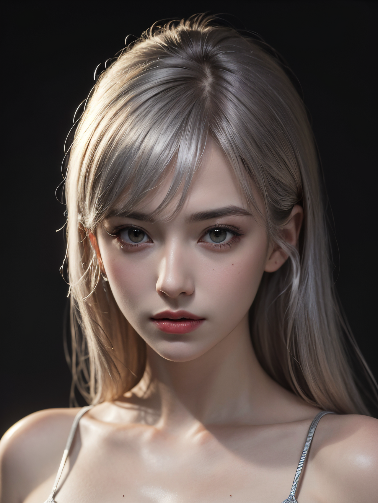 Best quality, masterpiece, ultra high res, (photorealistic:1.4), raw photo, 1girl, silver hair, shiny skin, dramatic lighting