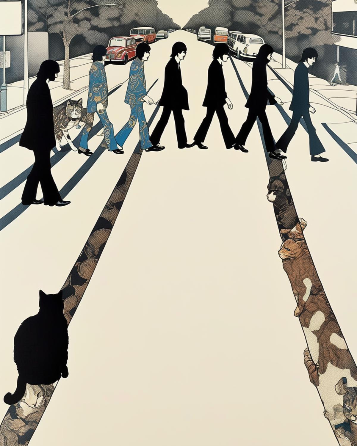 A cartoon of 5 people crossing the street and 2 cats underneath.