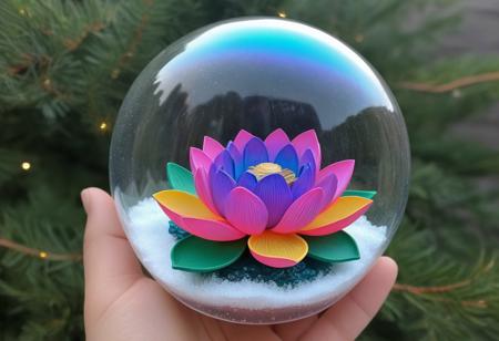 3D Vibrant Iridescent Lotus Flower Snow Globe Decoration Shiny Christmas Ornament. Rainbow Christmas Solar Colors Twinkling Lights