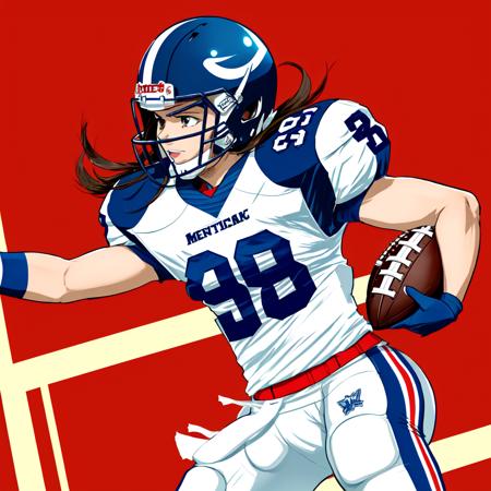 anime magical girl playing American football wearing full football uniform, long flowing hair, eyeblack, football helmet, kinetic action, cartoonish, anime style, hand drawn, cute, beautiful, perfect face, perfect hands, football object, feminine, womanly, ladylike,