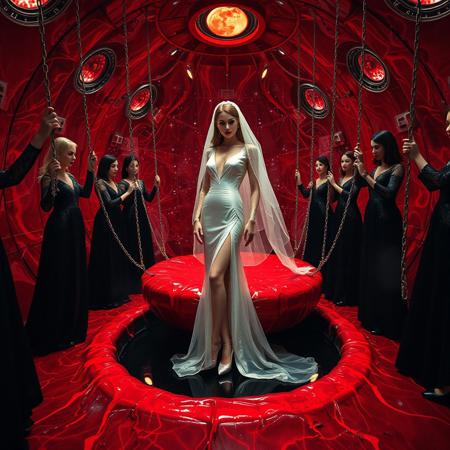 high-society elegant slender norvegian  rich   innocent young bride wearing   glossy silver high heels and glossy transparent slime  high slit wedding gown with matching long veil. She posing  in center of the floor hole,  filled with glossy black slime, surrounded by arrogant ladies wearing elegant black gowns and high heels, pulling her inside  giant slime covered glossy red foil breeding  round bed by long silver chains, eerie fog that wafts up from the fleshy jelly floor, encased in light beam from the chamber celling, strugging to break free and escape, glossy live wet-look jelly walls, whorish breeding chamber, colossus observation portholes to outer space full of stars, bright red moon, vintage-inspired makeup, long hairs, ultra thin waist, evil grin, porcelain skin, lipstick, red nails, in the style of a haunting, retro-futuristic 1950s sci-fi nightmare, horror, alien space base,