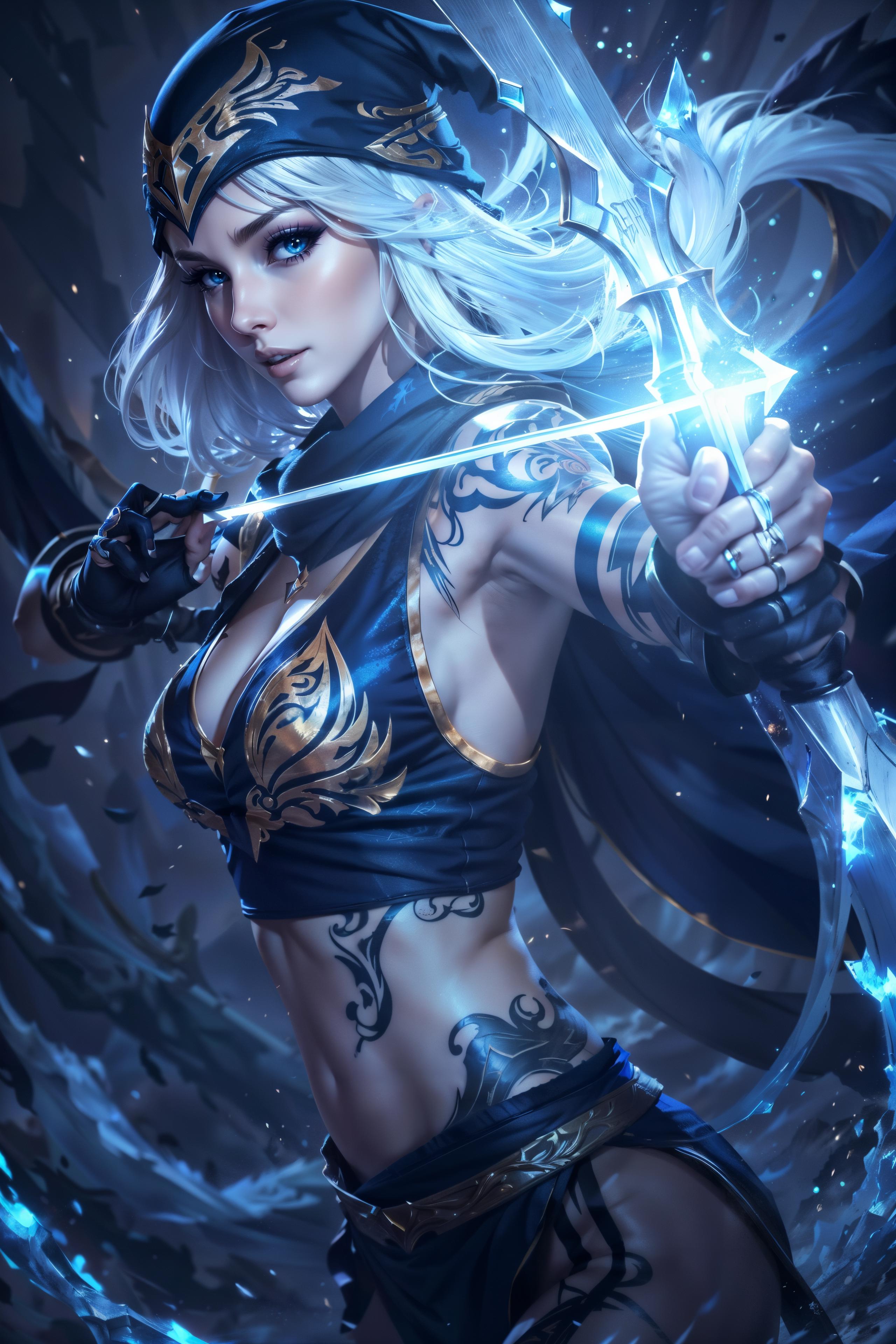 ashe, league of legends, bow \(weapon\), 
exotic beauty, european girl, tattoos,  headband, 
action, dynamic, adventure, m...