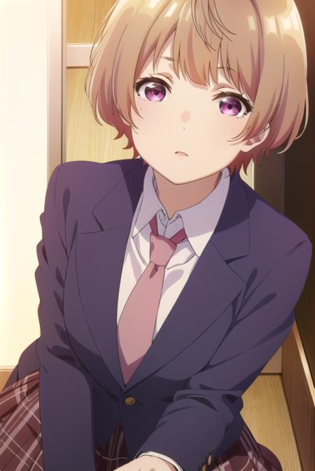 hanabinatsubayashi, <lora:hanabi natsubayashi s1-lora-nochekaiser:1>,
hanabi natsubayashi, short hair, brown hair, (pink eyes:1.2),
BREAK skirt, shirt, long sleeves, school uniform, jacket, white shirt, pleated skirt, necktie, collared shirt, plaid, plaid skirt, blazer, red necktie,
BREAK indoors, classroom,
BREAK looking at viewer,
BREAK <lyco:GoodHands-beta2:1>, (masterpiece:1.2), best quality, high resolution, unity 8k wallpaper, (illustration:0.8), (beautiful detailed eyes:1.6), extremely detailed face, perfect lighting, extremely detailed CG, (perfect hands, perfect anatomy),