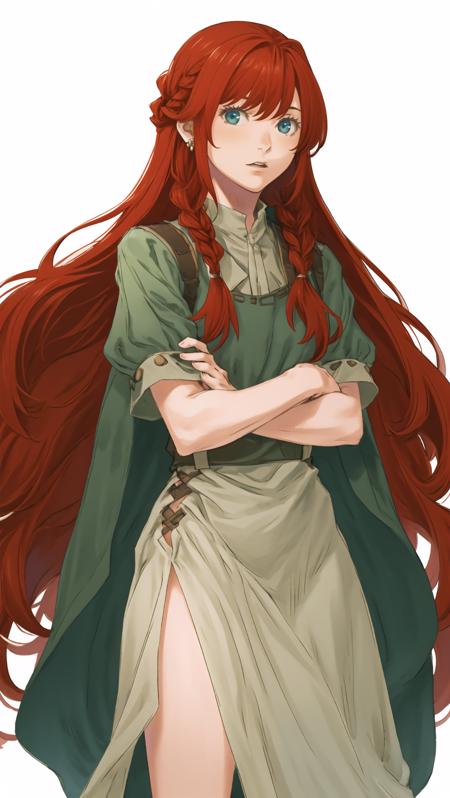 gagharv, 1girl, solo, dress, long hair, red hair, white background, simple background, full body, green eyes, blue eyes, braid, red hair, crossed arms, standing, looking at viewer <lora:gagharv:1>