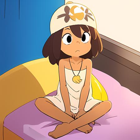 <lora:MouseDroners:0.7><lora:cartoon_fanart_style:0.2>cartoon fanart style, mouserdroners, 1girl, short in stature, tanned skin, brown hair,  shoulder-length hair, night gown, pink pajama, a yellow and white seashell necklace, sunshine, night, indoor, bed, (best quality, masterpiece:1.3) , ((blue cap)), cap, sitting, sitting on the bed