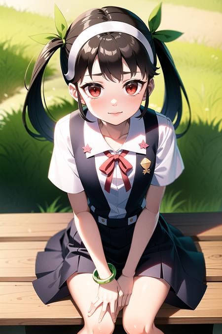 1girl, solo, female, (mayoi_hachikuji), twintails, (red_eyes), flat_chest
white_hairband, bracelet, green, ribbon, school_uniform, skirt, white_shirt, suspender_skirt, (randoseru), sitting on a bench,
hdri, 4k, masterpiece,
day, spring, trees, looking at viewer <lora:hachikuji-3epoch-v1:0.7>