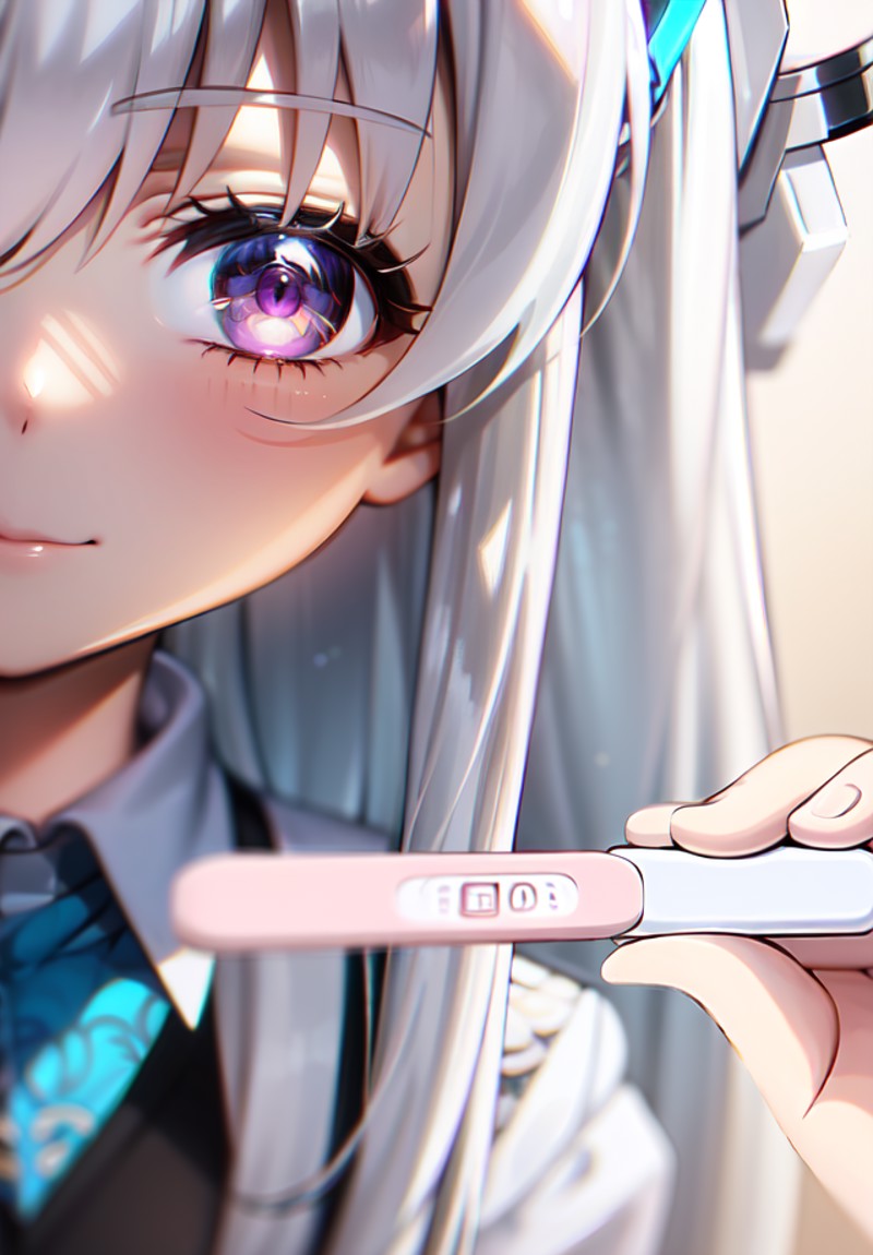 pregnancy test, 1girl, solo, white hair, purple eyes, close-up halo, long hair, looking at viewer, pov, holding,