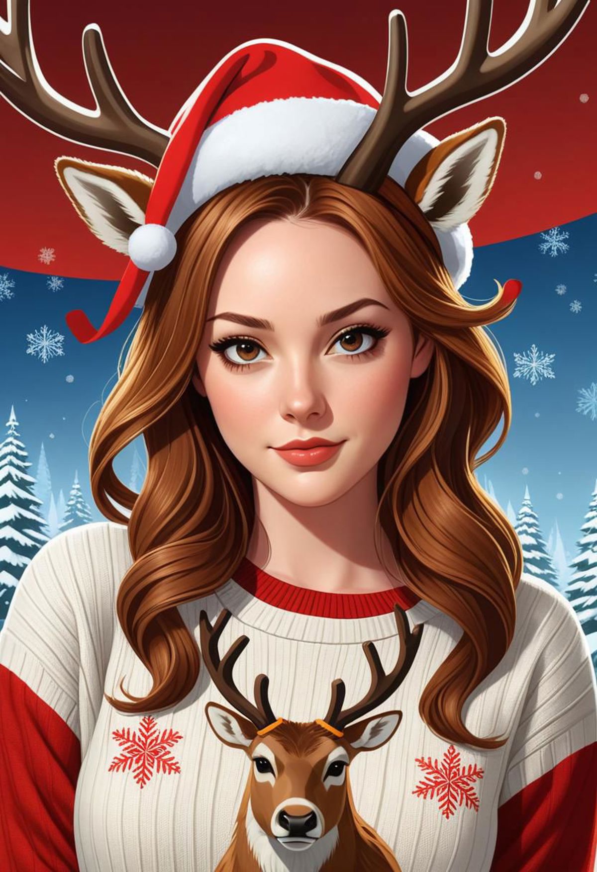 An Illustrated Image of a Woman Wearing a Santa Hat and Sweater with Reindeer Around Her Neck.