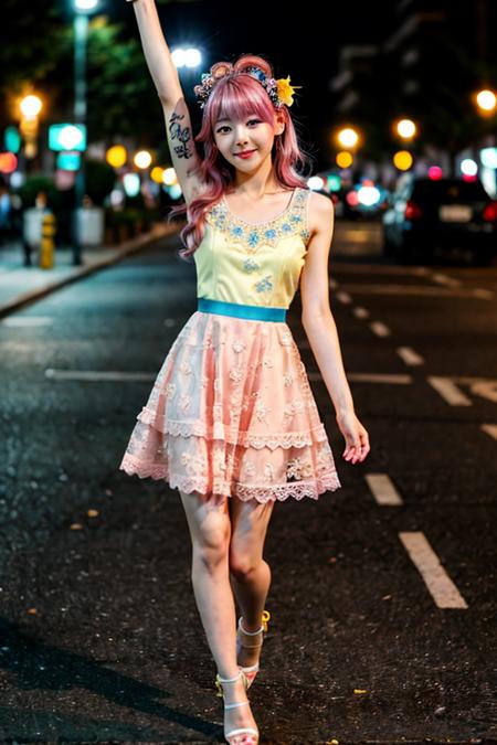 korean girl, 18 years old, (perfect face), (blue eyes:1.1), night street, (hair ornament:1.2), (pink hair:1.2), (yellow lace dress), (dynamic pose:1.4), (happy look:1.2), (tattoo:1.1), high heels, walk on street, BREAK. shallow depth of field,bokeh,soft lighting,((high quality)),film grain,Fujifilm XT3,4k,uhd,RAW photo,masterpiece,photorealistic,((ultra-detailed)),  <lora:Body Type_alpha1.0_rank4_noxattn_last:2>, <lora:Breast Slider - Pony_alpha1.0_rank4_noxattn_last:2>, <lora:age_slider-LECO-v1:-3>, <lora:zoom_slider_v1:-1>,