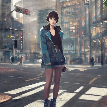 cmodel, digital illustration, full body, japanese streetwear, young female, skinny, (midriff:1.3), detailed city background, cinematic lighting, bloom, smooth, depth of field, (detailed eyes and face, masterpiece, best quality, high detail, high quality:1.3)