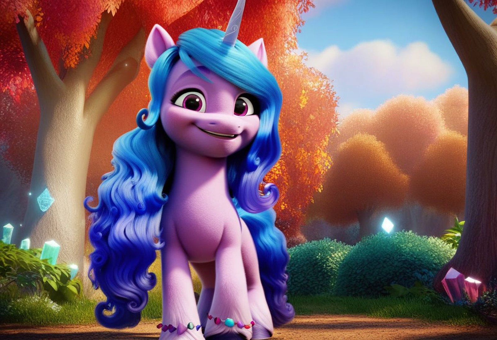 score_9, score_8_up, rating_safe, Izzy Moonbow, 3d, g5, unicorn, looking at you, standing, cute, solo, outdoors, Bridlewoo...