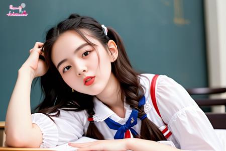 RAW photo, 1girl, yangchaoyue_asian_v1, schoolgirl, pale skin, (white uniform), (red lips), long hair, (white stockings:1.2), sleeping on desk, classroom, (high detailed skin:1.2), 8k uhd, soft lighting, high quality, film grain, Fujifilm XT3