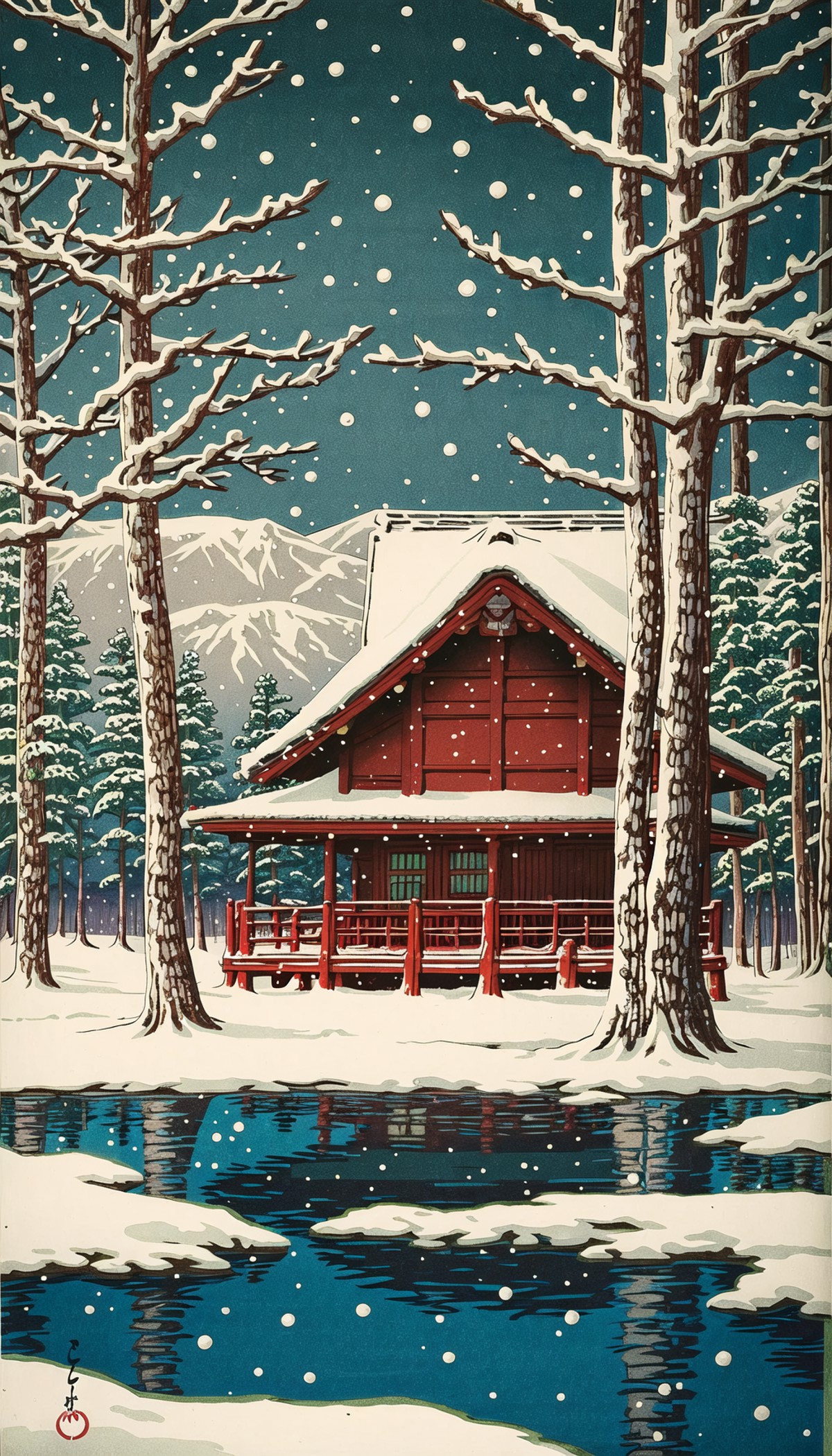 <lora:Ukiyo-e:0.65>, ukiyo-e, A hidden cabin in a snowy forest, surrounded by tall, snow-capped trees and a sense of tranq...