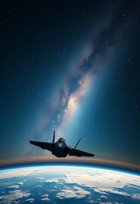 f35 almost reaching space with milky way visible. the earth is below, stratospheric flight