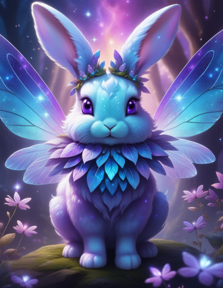 a fantasy hybrid creature,fairy bunny, symmetrical wings, nebula, sparkling colors, purple and blue, highly detailed, beautiful lighting, ethereal, mystical, 8k, vibrant colors, beautiful backlighting,<lora:FaeStyle:1>