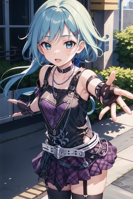 masterpiece, best quality, detailed face,ultra hi res,(illustration:1.3),(game cg:1.2)
ponytail hair,
hair ornament,
bangs,
deep blue  hair,
aqua color  eyes,
knee up,
outstretched arms,
(slender),
outdoor,
BREAK
dynamic pose,cowboy shot,
 1girl,
ninomiya_asuka_cos ,gloves,bare shoulders, collarbone, pleated skirt, choker,striped, belt, miniskirt, fingerless gloves,bracelet, black shirt,chain, garter straps,plaid skirt,striped thighhighs,purple skirt,zettai ryouiki, 
<lora:ninomiya_asuka_cos2_N_V4_0-000010:0.9>,