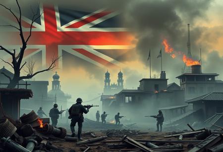 Modern, land war, scene, british soldiers, takein cover, war torn cityscape, asia,