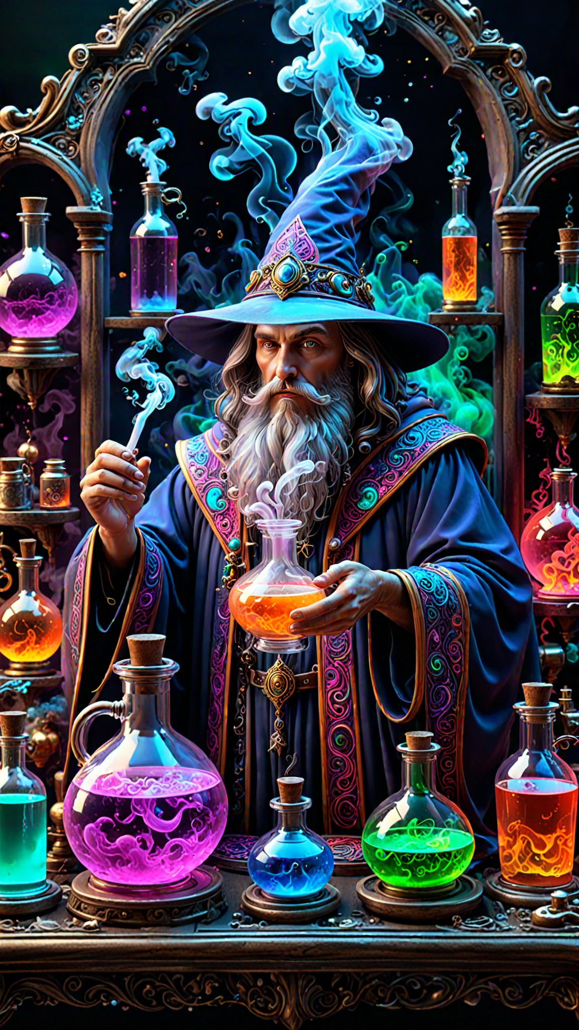 Ethereal fantasy concept art of a Wizard brewing  neon potions, magnificent, celestial, ethereal, painterly, epic, majesti...