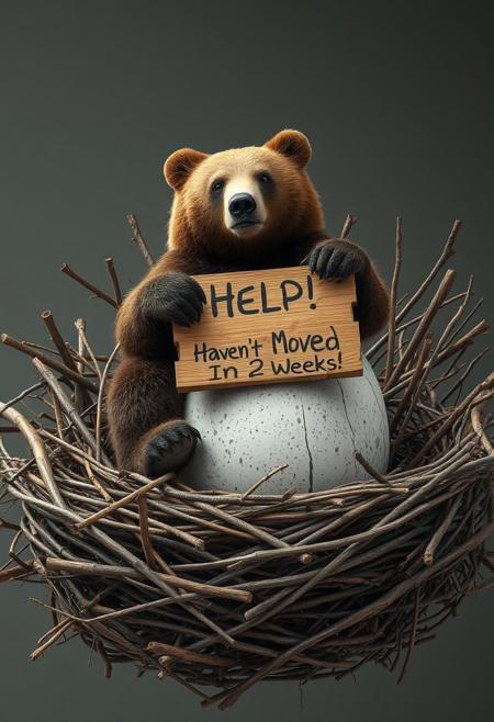 "Create a hyper-realistic image of a bear roosting on a massive egg in a giant nest of intricately woven sticks. The bear sits comfortably on the egg, as if it's a chair, with its paws dangling over the edge. It holds a wooden sign with the message 'Help! I Haven't Moved In 2 Weeks!' scrawled in crude handwriting. The egg, speckled and rough, supports the bear's weight, while the nest's sturdy sticks and twigs seem to be the only thing keeping the bear from tumbling off." Octane render, Highest-Quality, 8 k, intricate details, visually stunning, Masterpiece