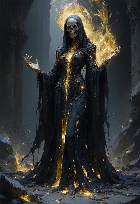 An alluring necromancer commands a soul-rending ritual in a cathedral of shattered obsidian, low-angle perspective amplifying her towering presence amid floating bone shards. Gold-and-black Art Nouveau filigree robes cling to her form, skin etched with luminous, vein-like cracks pulsing necrotic energy. Influenced by Brom’s dark fantasy dynamism and Klimt’s gilded opulence: spectral amber backlighting carves jagged shadows, casting her as both deity and destroyer. Swirling void-smoke merges with glowing crimson runes above her palms. Molten gold bleeds into cracks beneath her feet; a skeletal hand offers a wilted rose at her boots. Hyper-detailed textures: tarnished silver embroidery, iridescent ectoplasmic mist, crackling marble skin. Chiaroscuro intensifies opulent decay.