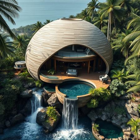 aerial view, bird view, A futuristic concrete woden spherical baboo  modern house with swimigpool on a waterfall inspired from a famous architect, with exotic luxuriant vegetation around, in a tropical jungle setting, near a beach, photorealistic, a masterpiece, 4K, high details, view from close, wide lenses camera
